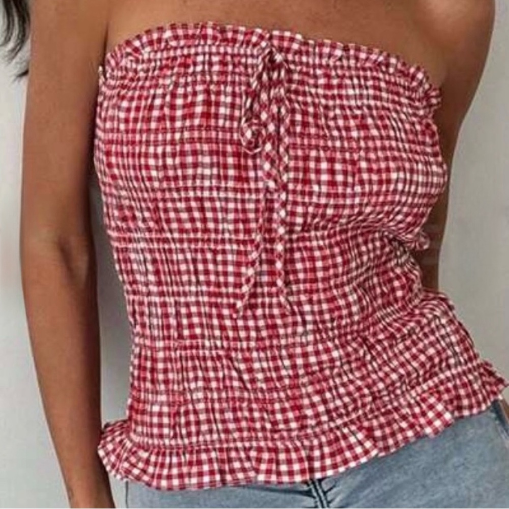 Red Gingham Smocked Tube Top - Picture 2 of 5